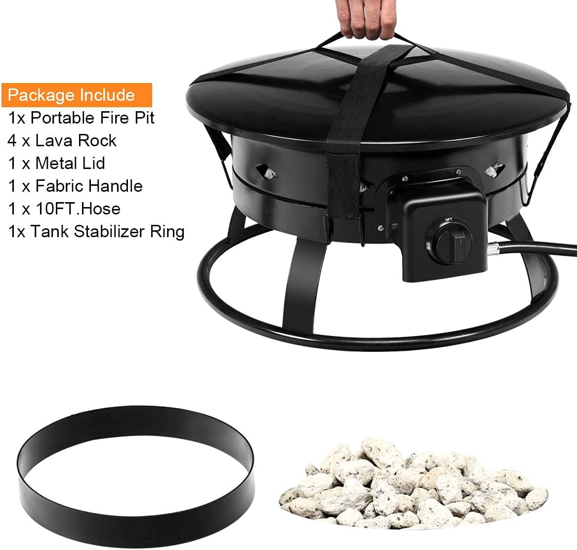 S AFSTAR 19” Gas Fire Pit Bowl, 58,000BTU Portable Propane Fire Pit w/Cover Lava Rock Stone, Tank Stabilizer Ring & Carry Kit, Gas Fire Bowl for Patio Camping Backyard Party