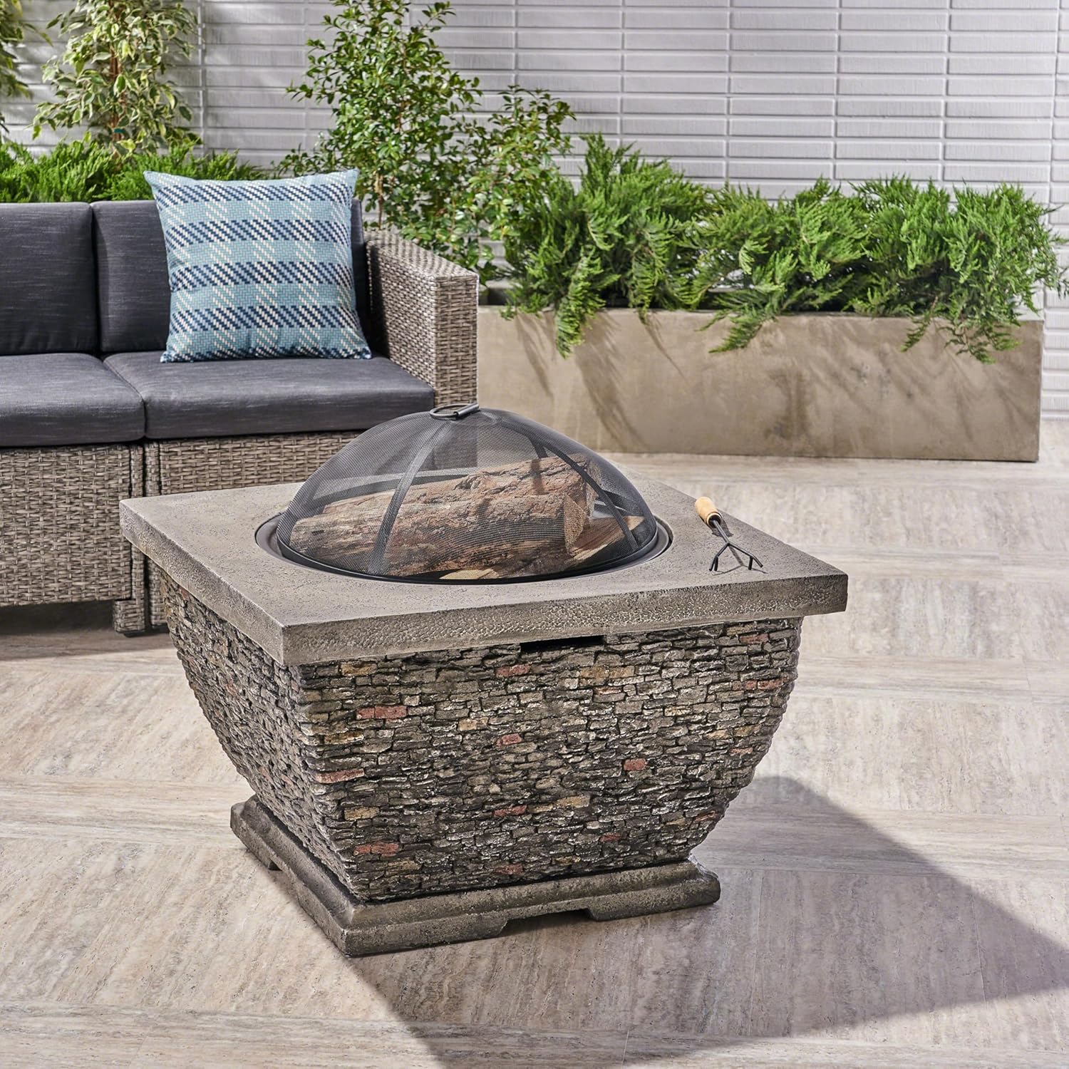 Roomfitters Square Wood-Burning Fire Pit Table with Lightweight Magnesium Oxide Base, Rustic Outdoor Patio Accent, Gray