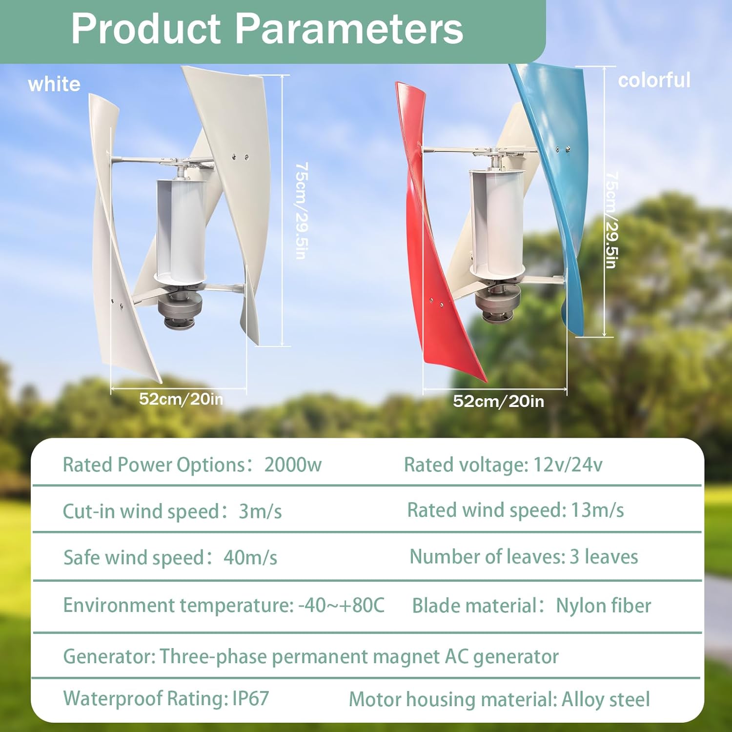 Wind Turbine Generators for Home Use, 2000w Vertical Axis Wind Turbine Generator with Mppt Controller and Three Blades, 12/24v Wind Turbines for Home, Rated Wind Speed 13m/s,Colorful,2000w24v