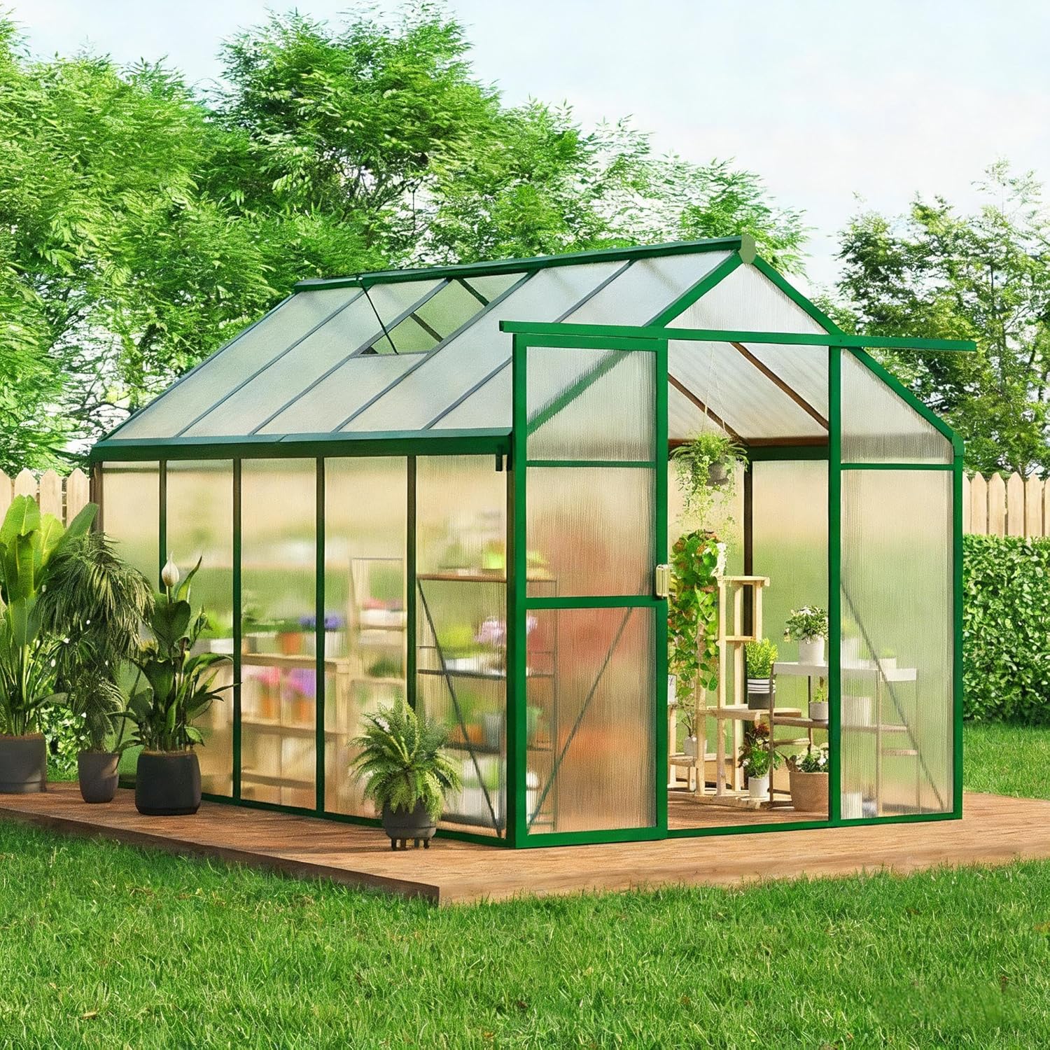 Greenhouse, 6x10 ft Greenhouse for Outdoors, Walk-in Green House with Ground Nails and Vent Windows, Sliding Lockable Door, Polycarbonate Greenhouses for Outside Garden Backyard, Quick Setup, Green