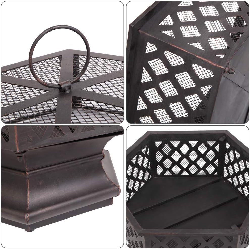 Fire Pit Bowl - Large Outdoor Bonfire Wood-Burning Pit for Backyard Patio Fire,Patio Heater, Stove, Camping, Picnic, Firebowl No Propane, Includes Safety Mesh Cover, Poker Stick (24.4