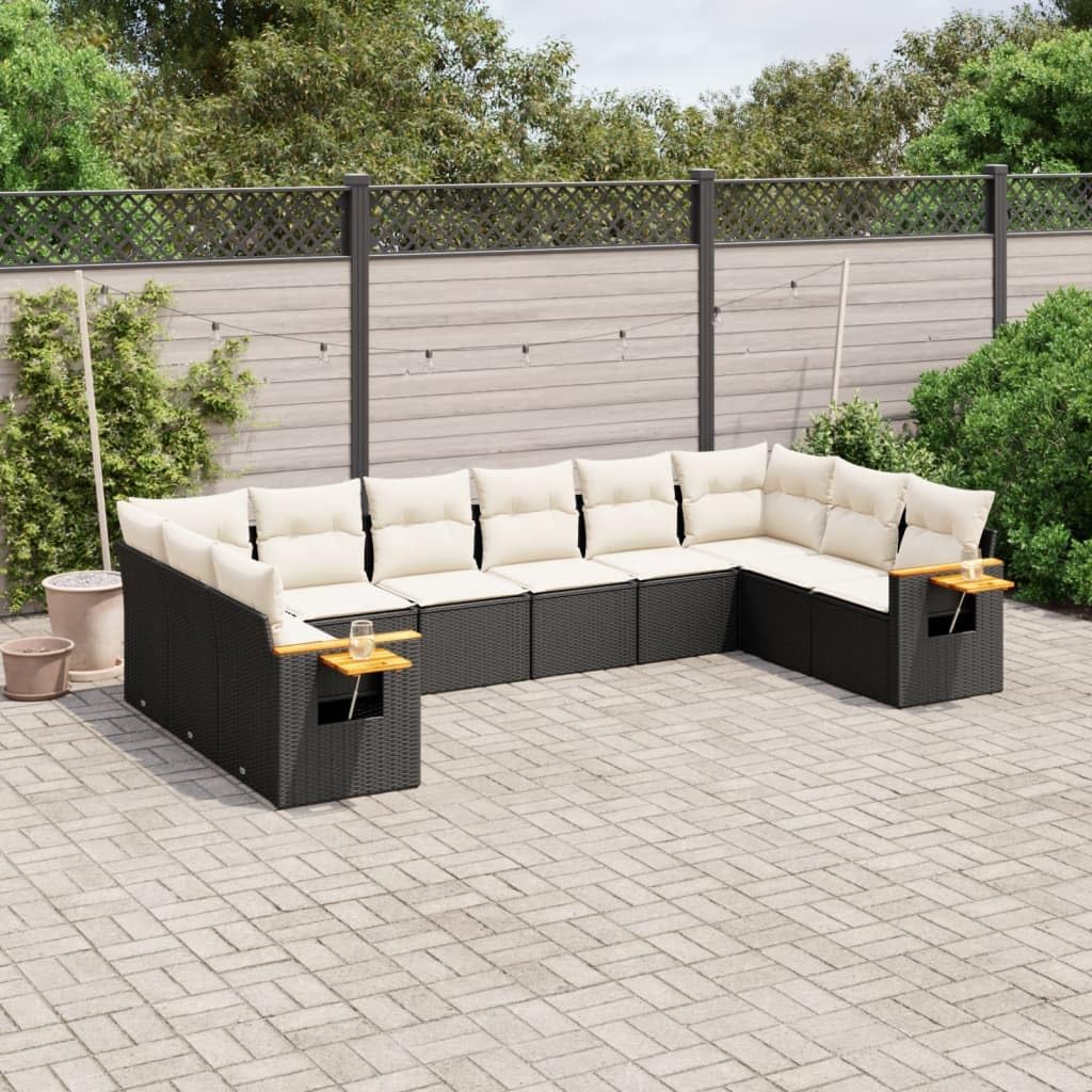 Black PE Rattan Large Garden Sofa Set 10-Piece with Light Cream Cushions, Modular Outdoor Furniture for Patio, Weatherproof and UV-Resistant, Includes Built-in Storage Seating