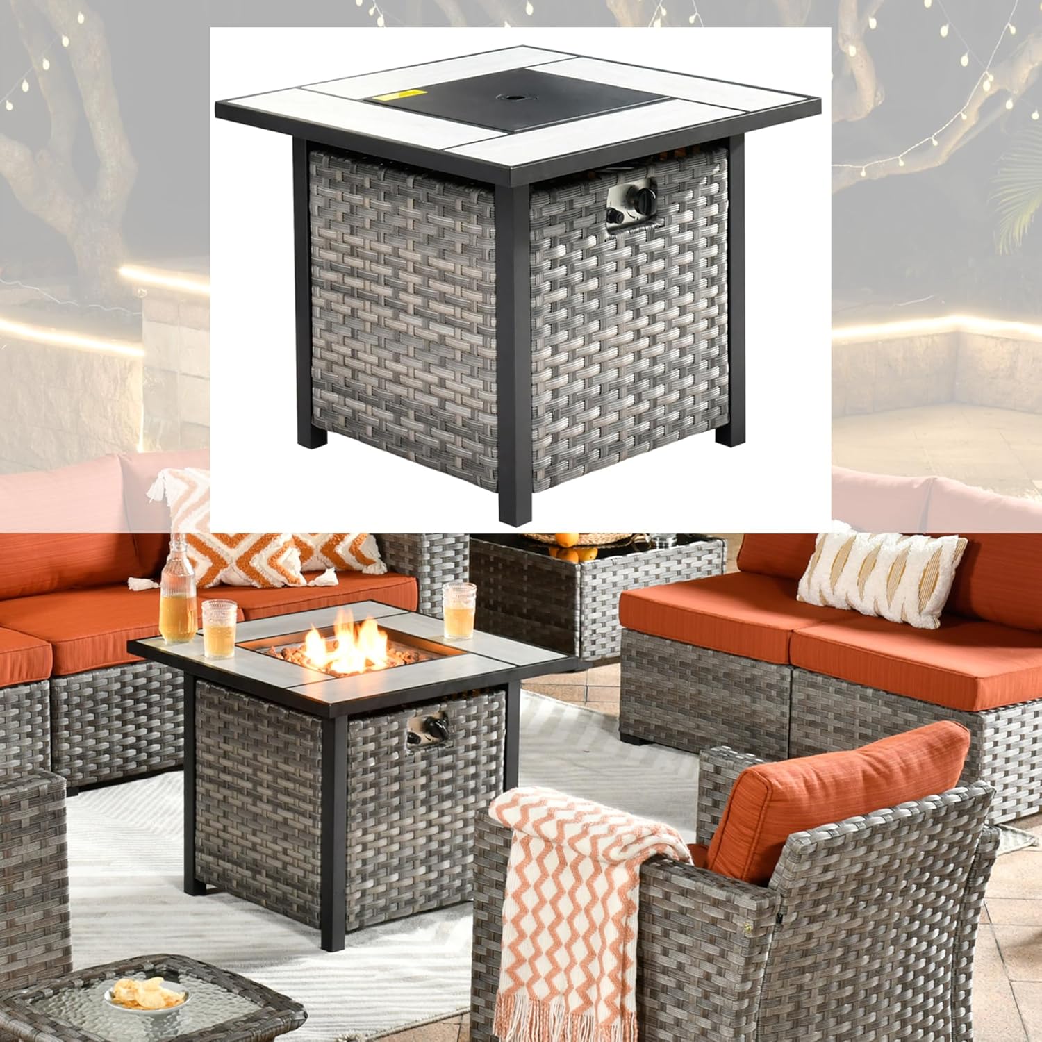 HOOOWOOO Patio Outdoor Fire Pit Table,30 inch Square Outside Propane FirePit with Matching Wicker for Outdoor Furniture Conversation Sofa Couch Set,50,000 BTU
