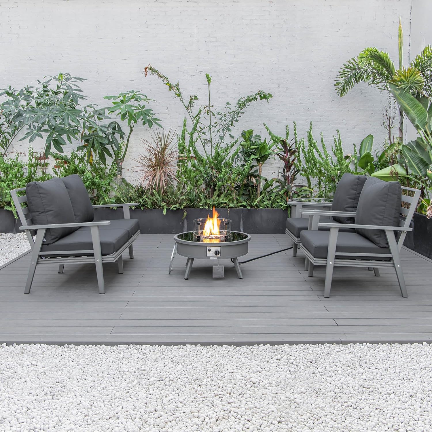 LeisureMod Walbrooke Modern Aluminum 5-Piece Patio Conversation Set with Outdoor Round Firepit Side Table Tank Holder, Charcoal