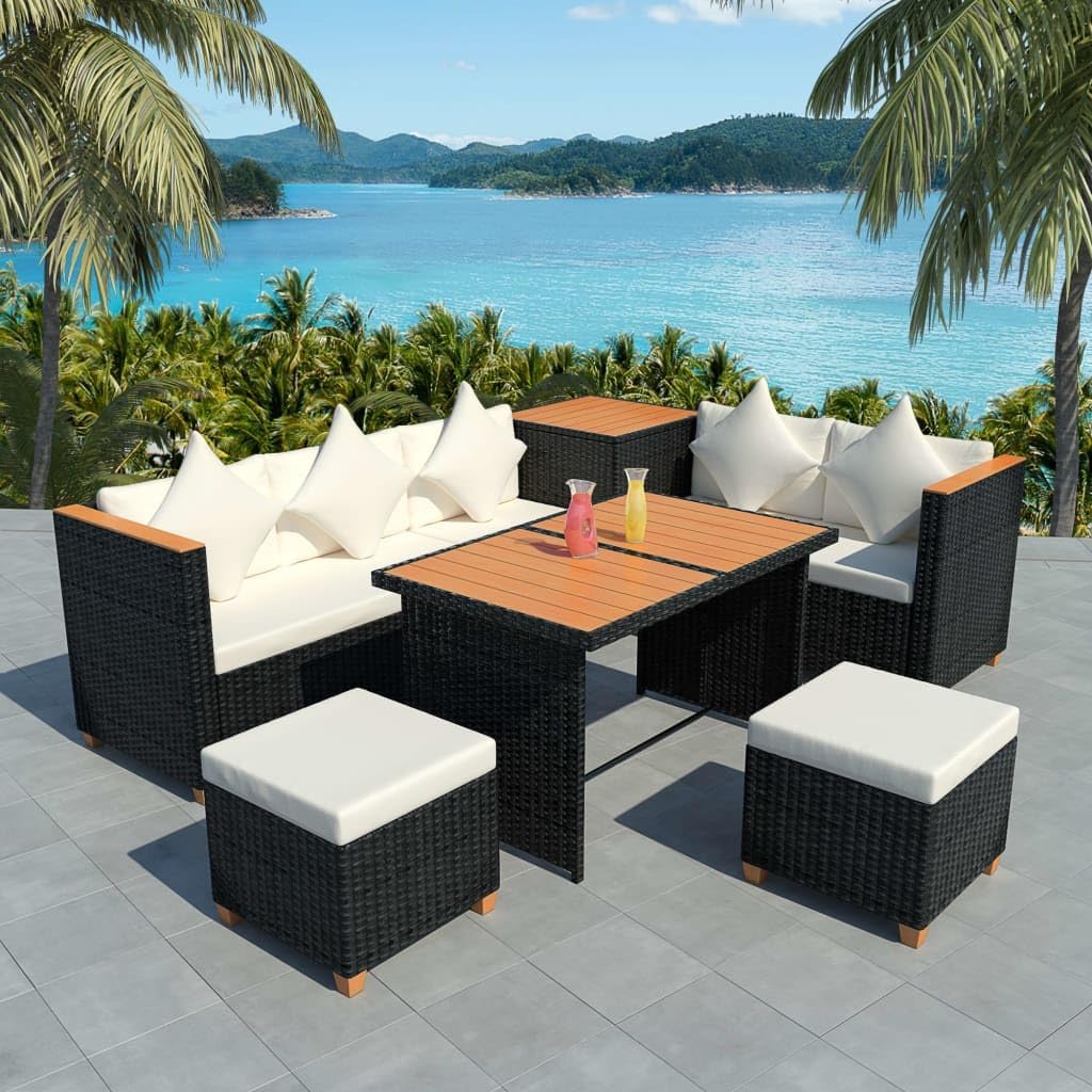 7 Piece Patio Lounge Set with Cushions Poly Rattan Black, Patio Furniture Sets, Outdoor Furniture