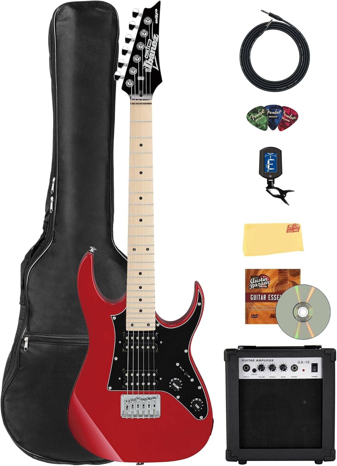 Ibanez GRGM21M miKro Short-Scale Electric Guitar - Candy Apple Bundle with Amp, Gig Bag, Tuner, Cable, Picks, Austin Bazaar Instructional DVD, and Polishing Cloth