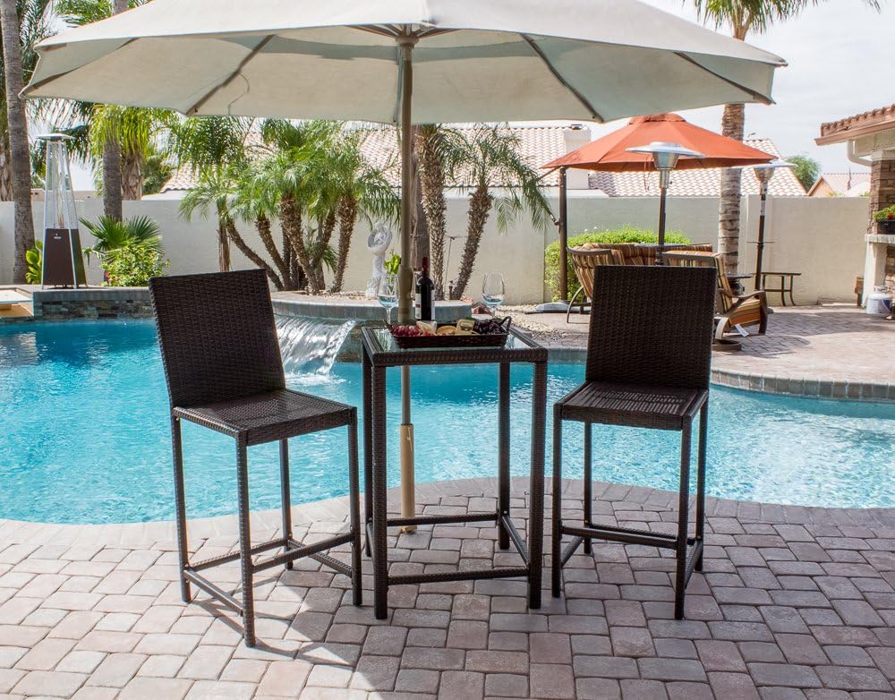 Hiland AW-226B 3 Piece Woven Resin Wiker Outdoor Furniture Bar Chair and Table Set, Medium, Dark Brown