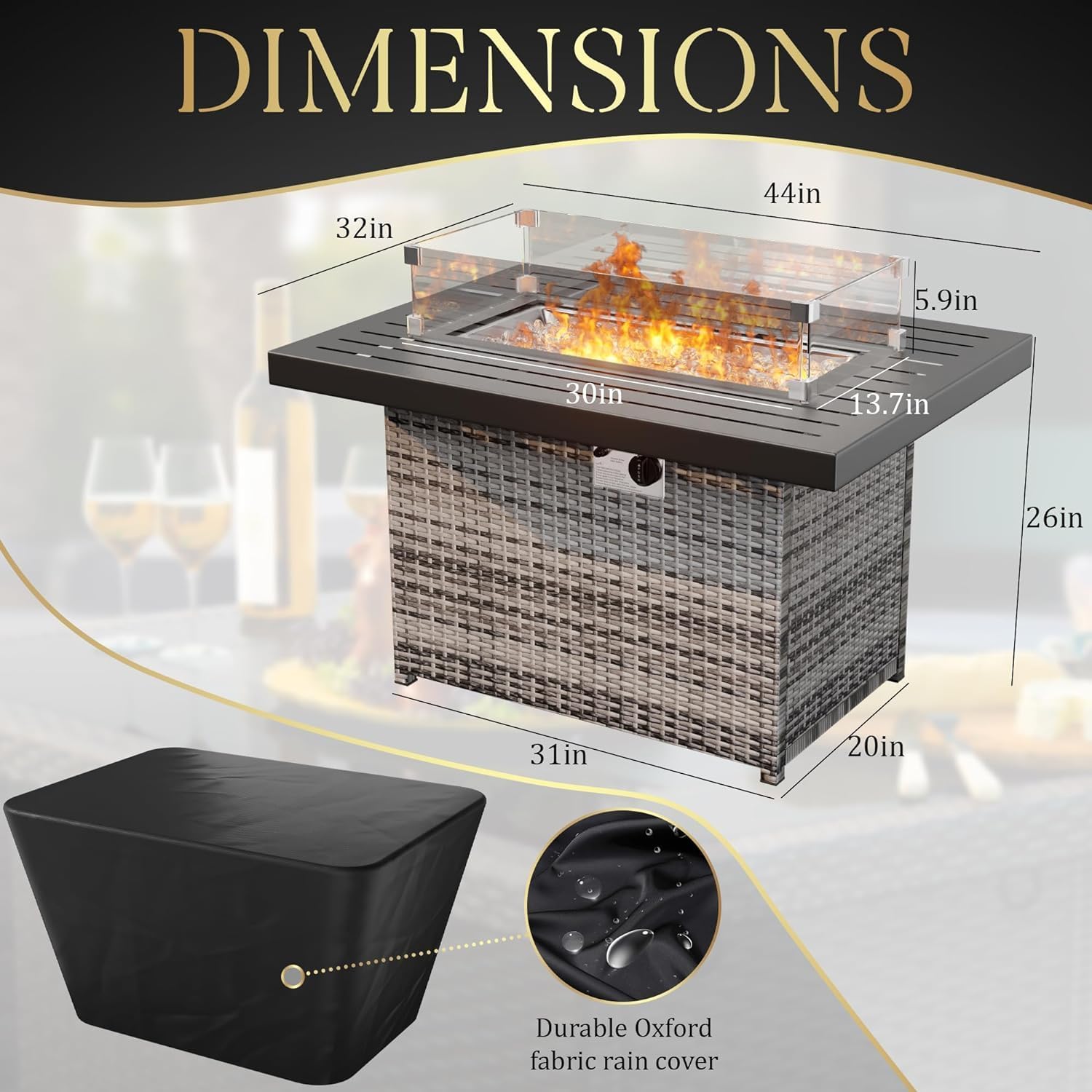 TINKLE WELL 44in Outdoor Propane Fire Pit 60,000 BTU, Gas Fire Pit Table with Glass Wind Guard, Rattan Wicker Base and Waterproof Cover, CSA Certification for Outside Garden Patio Party