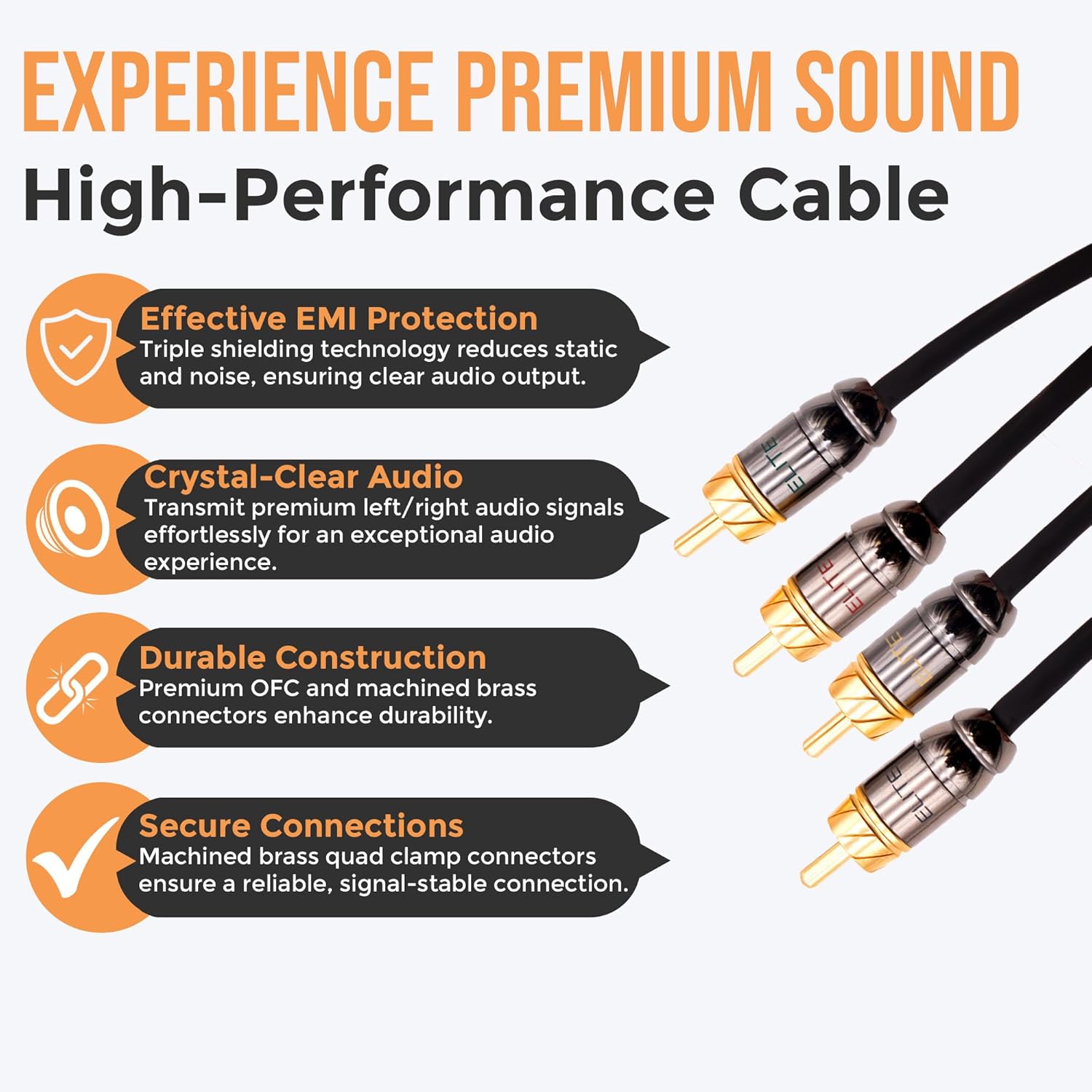 Elite Audio Pro Series 20ft. 4-Channel Car Audio RCA Cable - Triple Shielded, Brass Connectors, Oxygen Free Copper Noise Reducing Audio Cable for Amplifiers Subwoofers Speakers and Processors – PRO420
