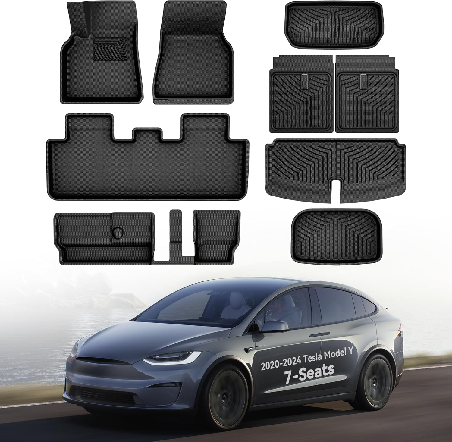 OEDRO Floor Mats Fit for Tesla Model Y 2025-2020 7-Seat, All Weather Protection Car Mats TPE Cargo Liner Floor Mats and Cargo Trunk Mats Accessories Full Complete Set