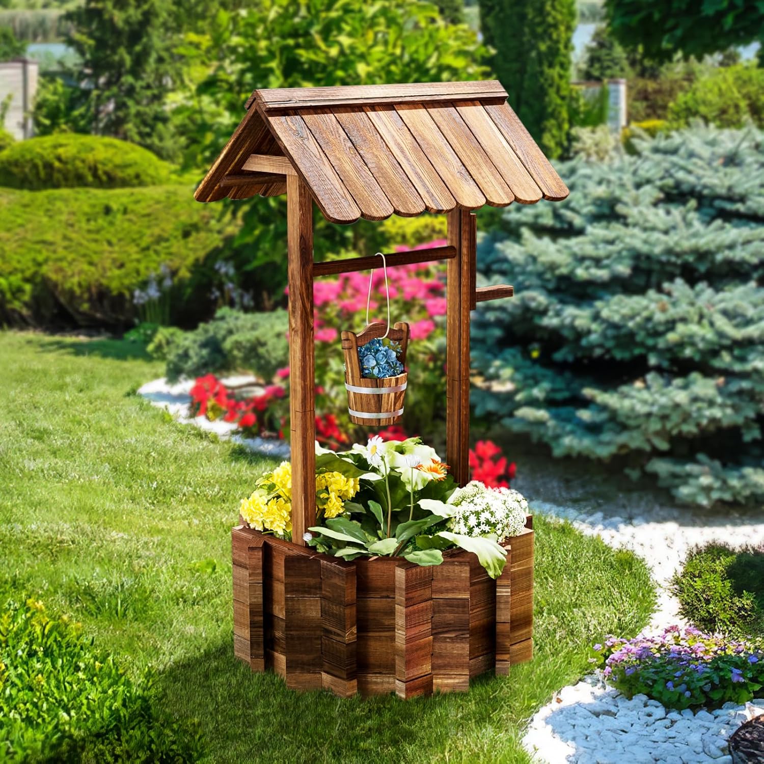 Aoxun Wooden Wishing Well Planter with Hanging Bucket for Flower and Plants, Planter Indoor and Outdoor, Home Decor for Patio Garden, Brown
