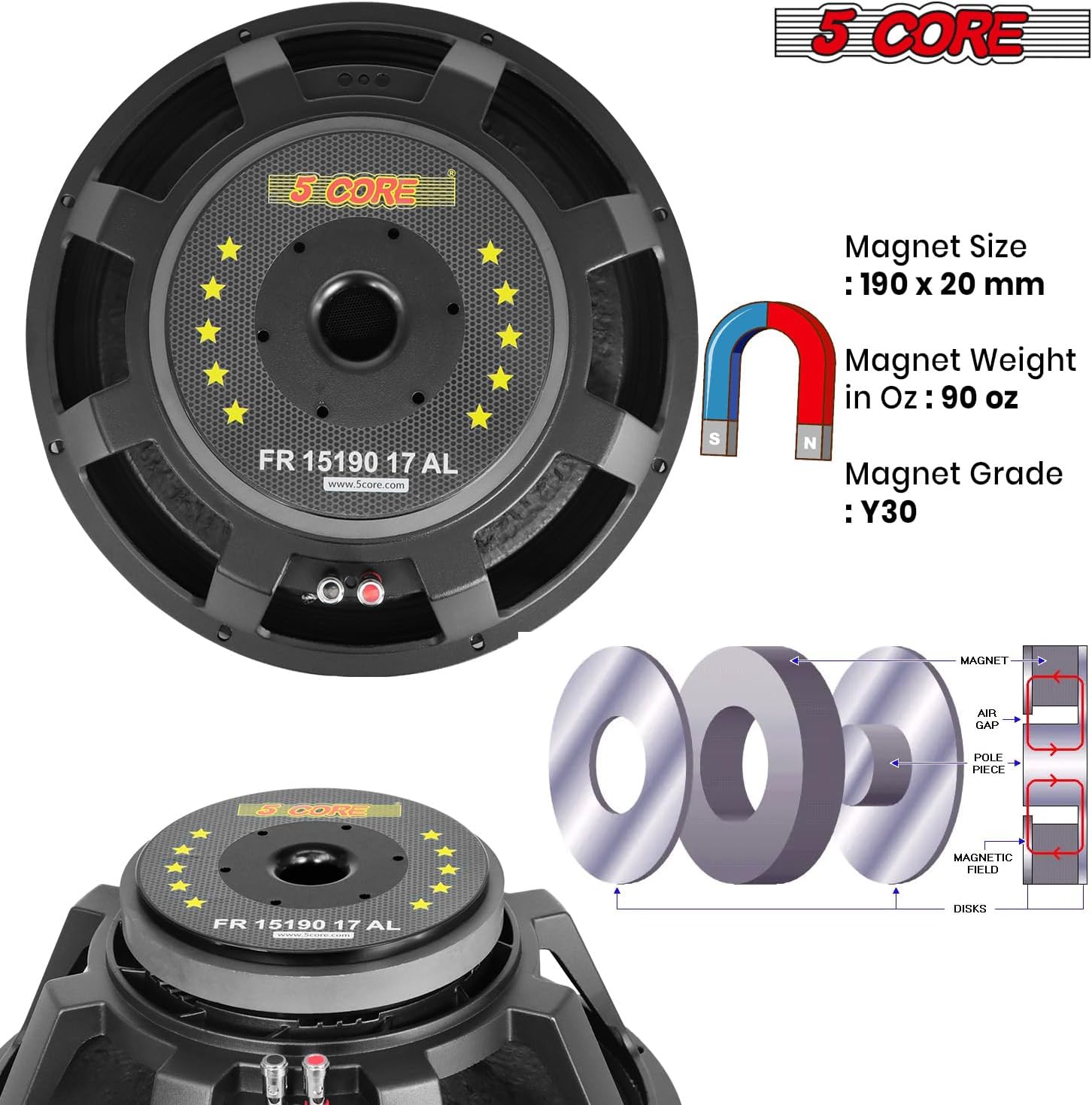 5 CORE 15 Inch Subwoofer Speaker 350W RMS Full Range PA DJ Sub Woofer Speakers 8 Ohm Deep Bass Replacement Component Subwoofers for Pro Audio Use - FR 15190 17 AL