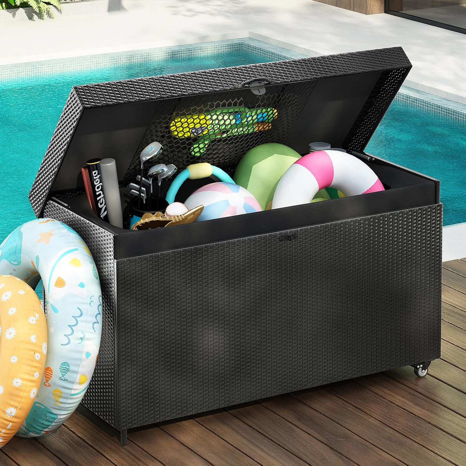 200 Gallon Large Wicker Deck Box with Storage Net, Waterproof Storage Box with Wheels, Rattan Storage Bin for Patio Furniture, Pool Supplies and Garden Tools, Black