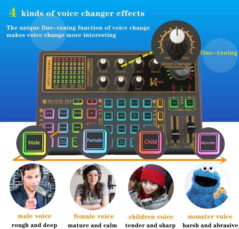 K300 Sound Effects Board Set, Voice Changer Sound Card with Multiple Sound Effects - Podcast Equipment Bundle for Live Streaming/Laptop Computer Vlog/Living Broadcast YouTube or TikTok