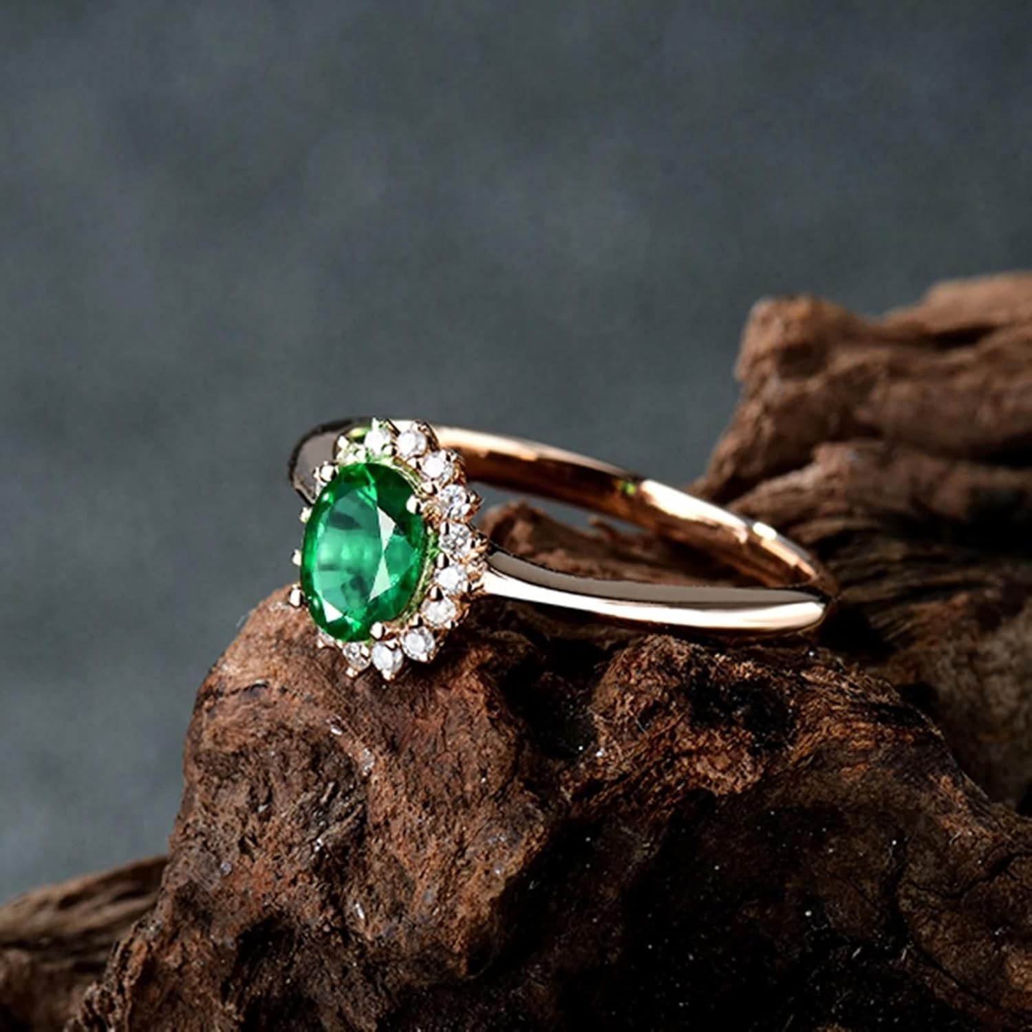 Flower Ring Mom, Vintage Wedding Rings for Women 18K White Gold/18K Rose Gold Oval Emerald for Wife