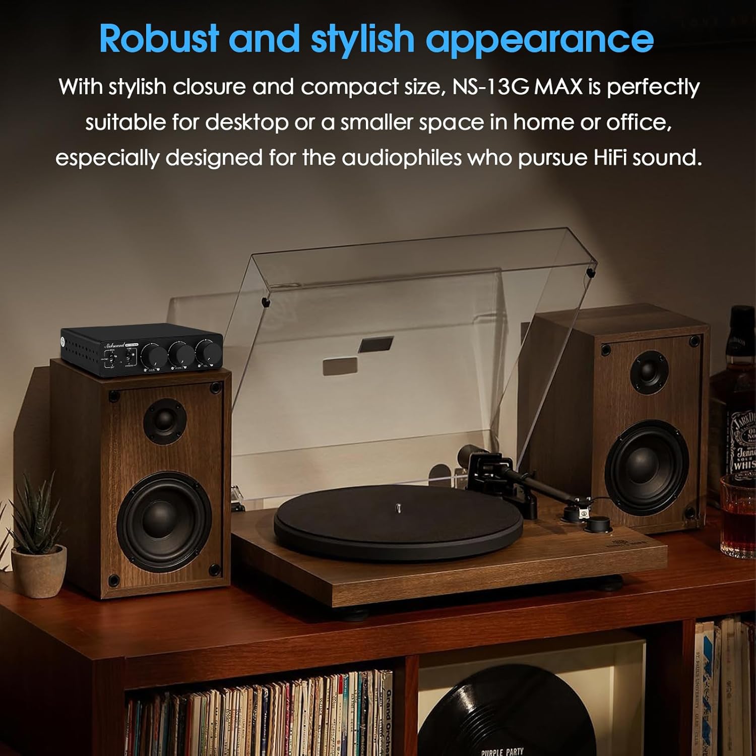 Nobsound 300Wx2 Stereo Amplifier with Phono Input - HiFi Class D Mini Power Amp for Home Theater, Turntables, Studio Monitor | TPA3255 Chip, RCA/MM Inputs, Bass/Treble Control (NS-13G MAX DC 48V)