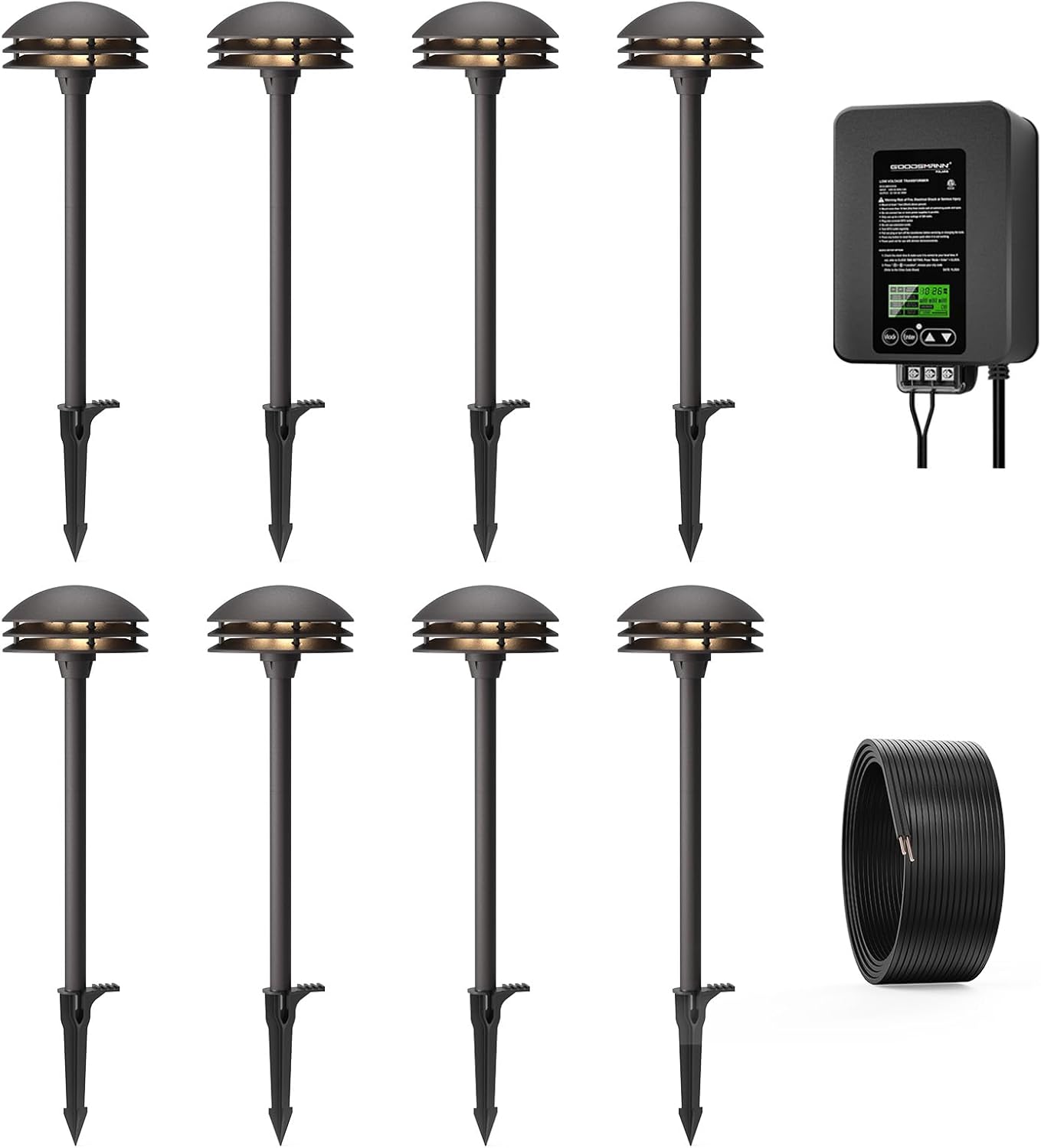 GOODSMANN 300W Low Voltage Transformer with 8PK 4W LED 80 Lumen Pathway Lights Low Voltage 1PK 100ft 16AWG Landscape Lighting Wire