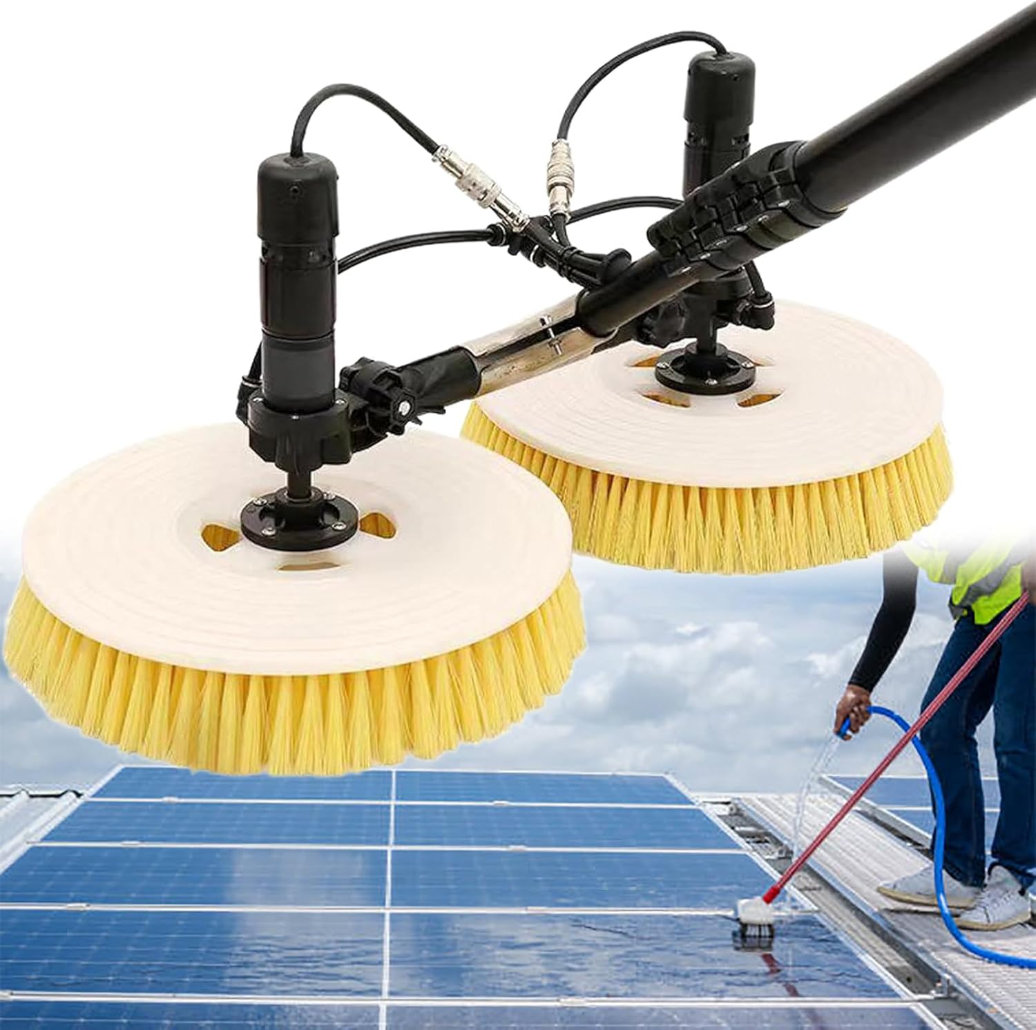 Solar Panel Cleaning Brush Extendable Rod Water Hose Fed Brush Tall Windows Cleaning Brush Telescoping Spray Brush for Cleaning Solar Panel, Roof, Pool, RV,7.5m(24.6ft)