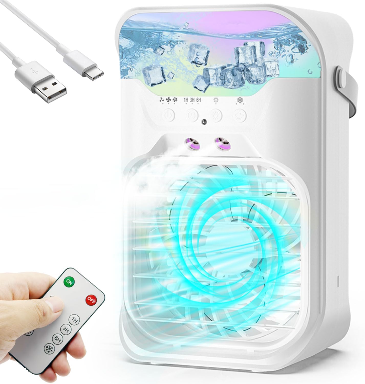 IWENNUAN Portable Air Conditioners, 4 in 1 Portable AC Unit with Remote, 1500ml Water Tank, 3 Speeds, 6H Timer, 2 Spray Mist, 7 Night Light, Personal Mini Air Conditioner for Bedroom