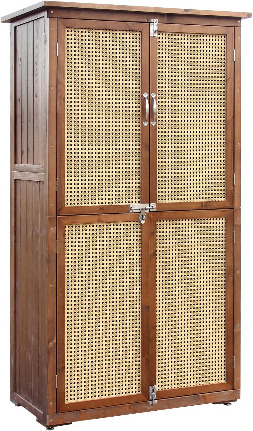 60 Inches Outdoor Storage Shed, Wood Shed with Rattan Indoor Storage Cabinet with Floor, Adjustable Shelves for Patio, Garden,Lawn and Living Room, Carbonized Black