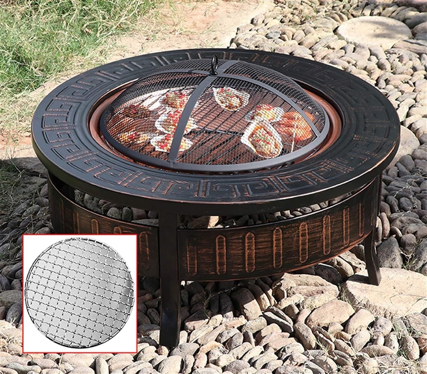 Outdoor Fire Pit Wood-Burning Fire Pit Bowl, 32-inch Fire Pit with Spark Screen, Outdoor Fireplace Grill Set (Color : Style 2) (Style 2)