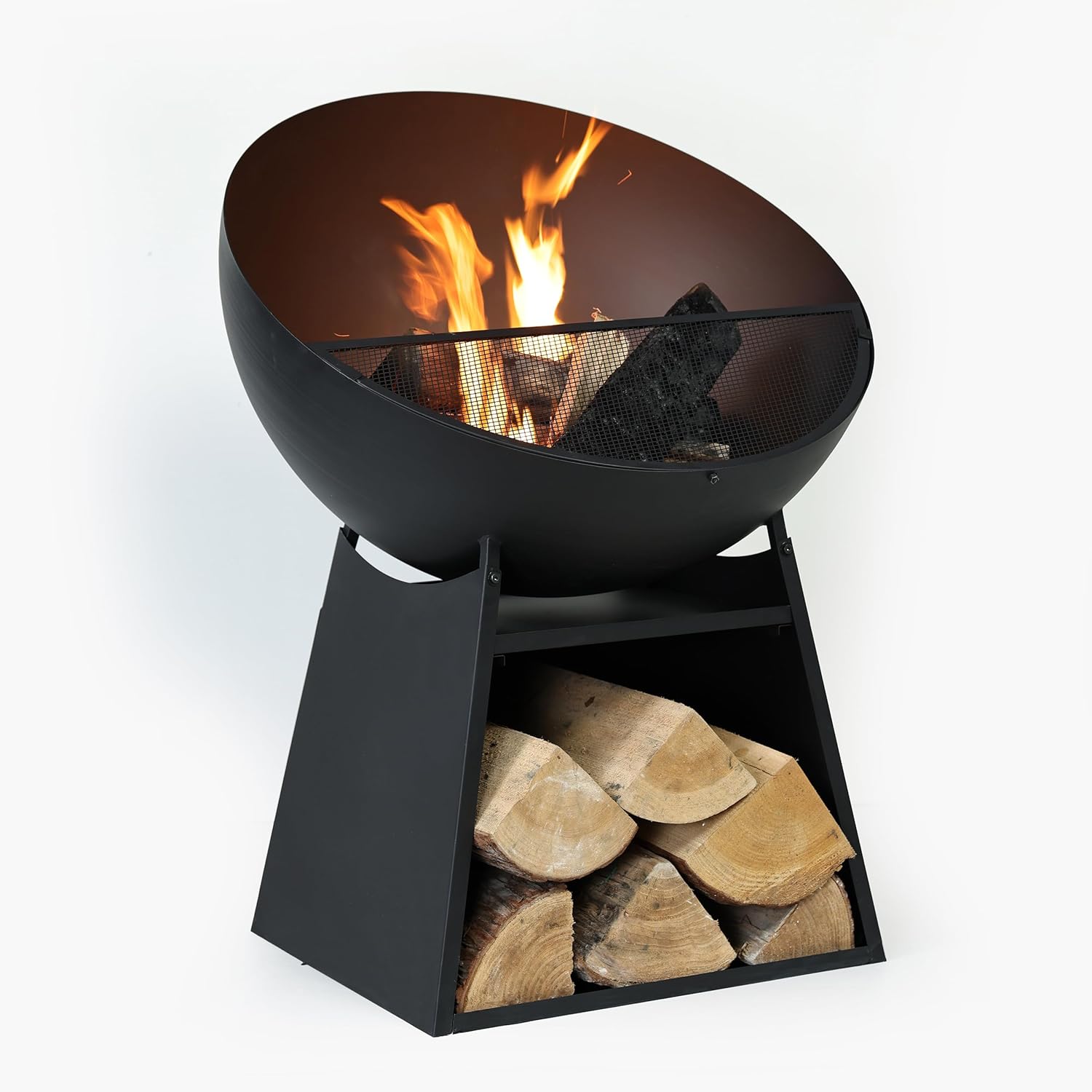 30 Inch Round Outdoor Steel Wood Burning Fire Pit with Black Powder Finish, Spark Screen, Poker Tool, and Protective Storage Cover