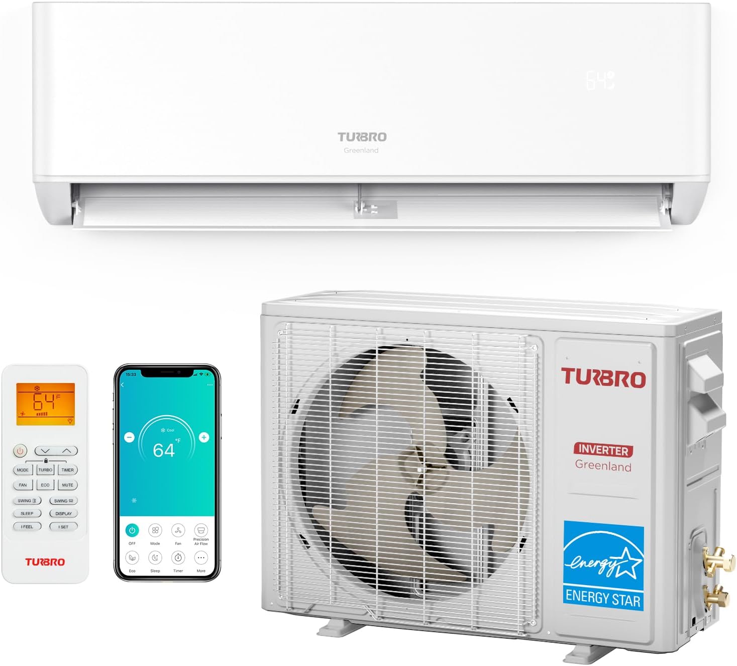 TURBRO 9,000 BTU Ductless Mini Split Inverter AC with Heat Pump, 24 SEER2, 115V, Energy Star, WiFi-Enabled, Cools up to 450 Sq.Ft, R454B, Greenland Series
