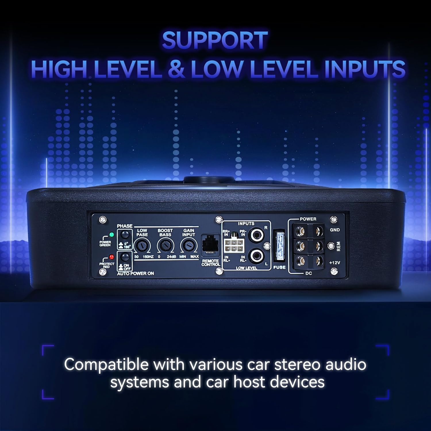 Andeman 1000W Car Subwoofer, 10'' Slim Under Seat Powered Car Subwoofer w/Built-in Amplifier & Hi/Lo Input, Bass Speaker Subwoofer with Blue LED Light, Individual Control, for Car/Truck/SUV/Jeep/MPV