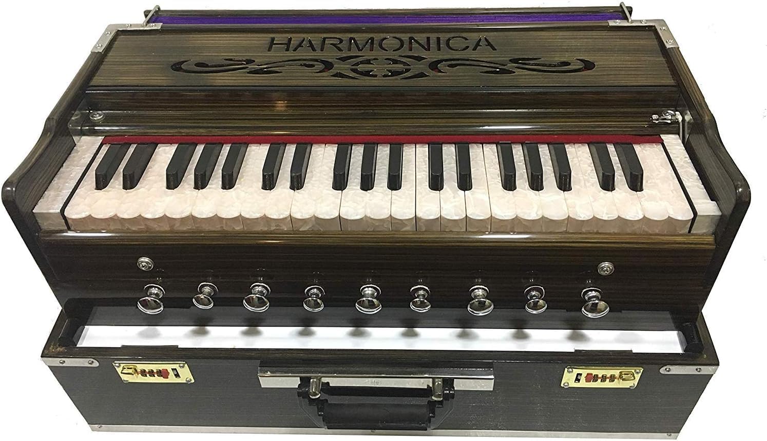 Indian Music Instrument 9 Stoppers Portable Harmonium with Chudidaar Bellow 42 Button 2 Reed Bass Male Reverse Backward Coupler Made Wood