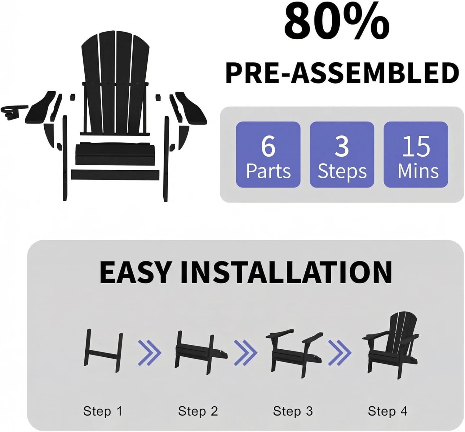 GLANC Folding Adirondack Chair Set of 2, HDPE All-Weather Outdoor Patio Fire Pit Chairs Lawn Chair for Poolside Backyard Deck Balcony, Wooden Textured with Cup Holder, 380LBS Capacity (Black)