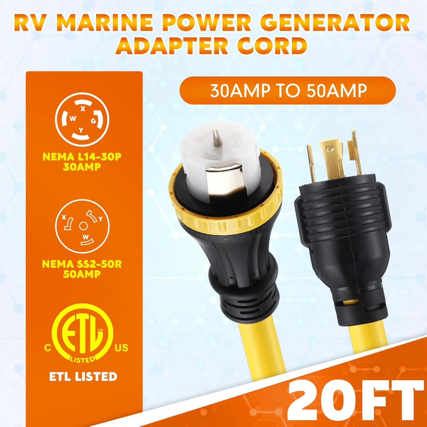 20FT NEMA L14-30P to SS2-50R RV Marine Power Generator Adapter Cord, 30A 4 Prong Locking Generator L14-30P Male to 50A Marine Shore Power SS2-50R Female with Locking Ring 125V/250V