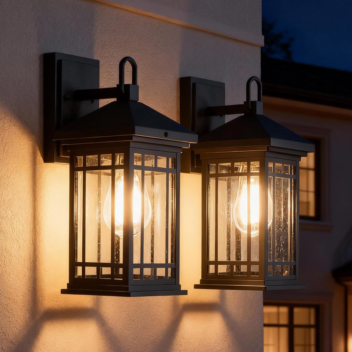 Outdoor Porch Lights Wall Mount, 2 Pack 12.4 Inch Outdoor Wall Lantern With E26 Sockets & Seeded Glass, Classic Exterior Lighting Fixtures, Waterproof Black Porch Light Fixtures For House, Garage