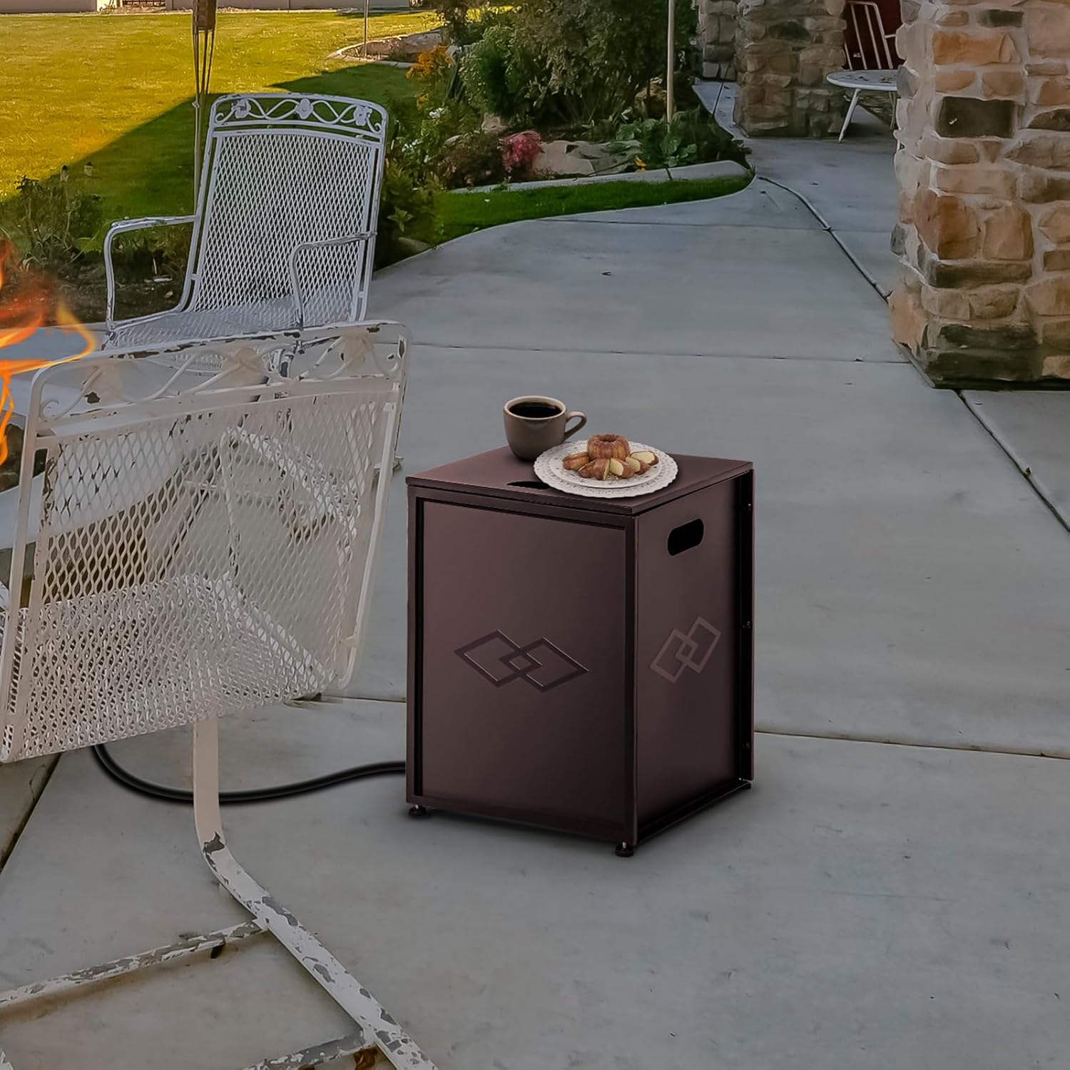 Propane Tank Cover Table, 16-inch Hideaway Table for Gas Fire Pits for 20 lbs Propane Tank Outdoor Gas Tank Storage Side Table for Gas Fire Pit Gas Grill Griddle Propane Stoves (Brown)