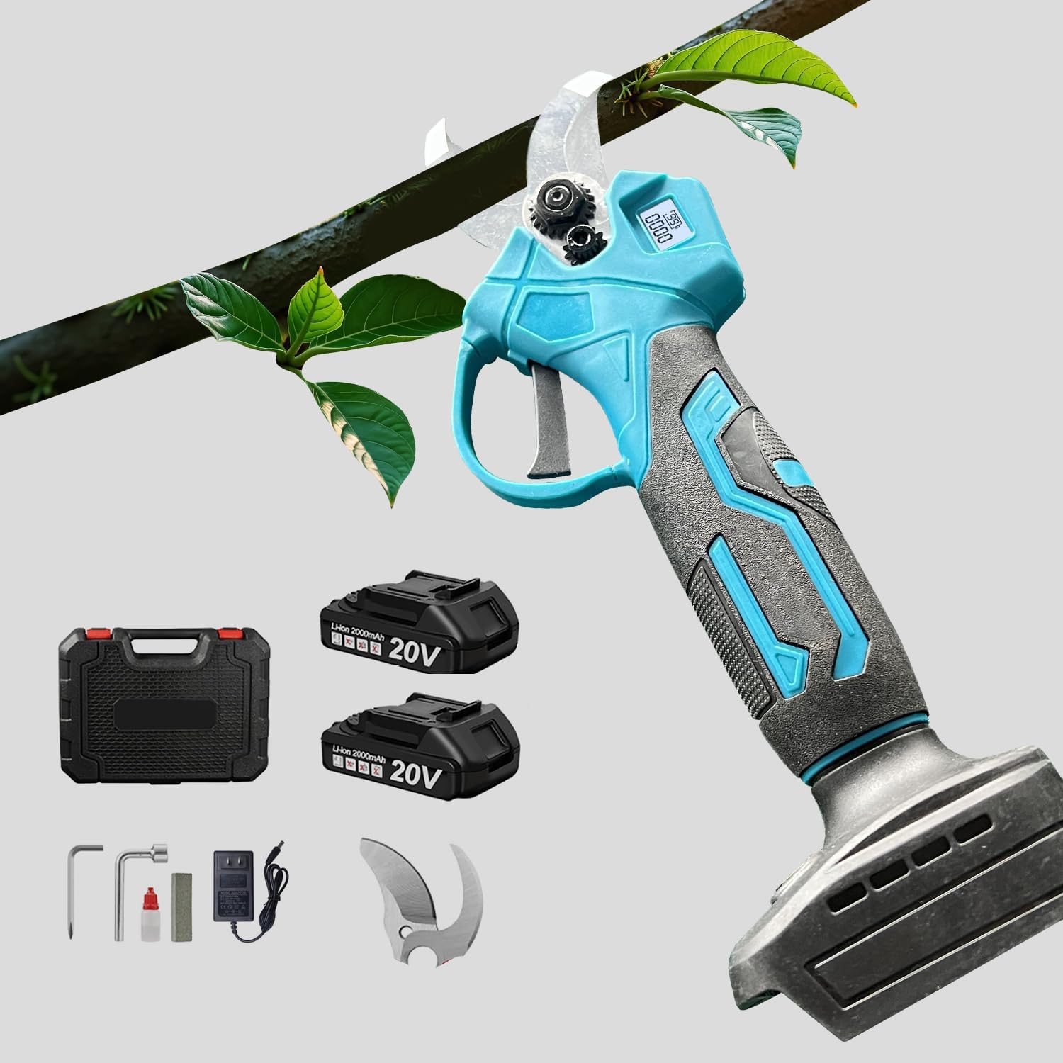 20V Electric Pruning Shears with LCD Display, Adjustable Cutting Diameter 0.8–1.6 Inch (20-40mm), SK5 Blade, Brushless Motor, 2×2000mAh Rechargeable Batteries, Charger Included (Blue)