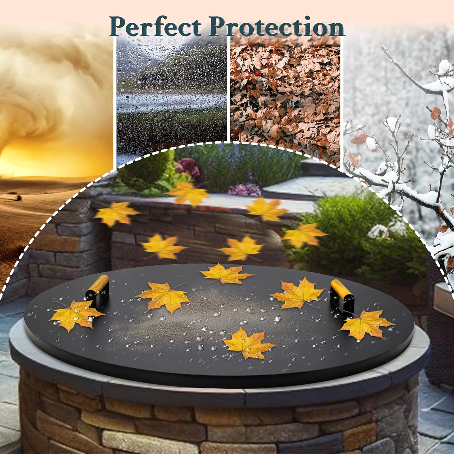 28” firepit lid round for inside up to 26” gas fire pit lid for Outdoor Fireplace Cover Lid Steel fire pit metal cover W/ 2 Wooden Handles & Powder Coated Snuffer Lid for Round Patio Fire Pit Ring