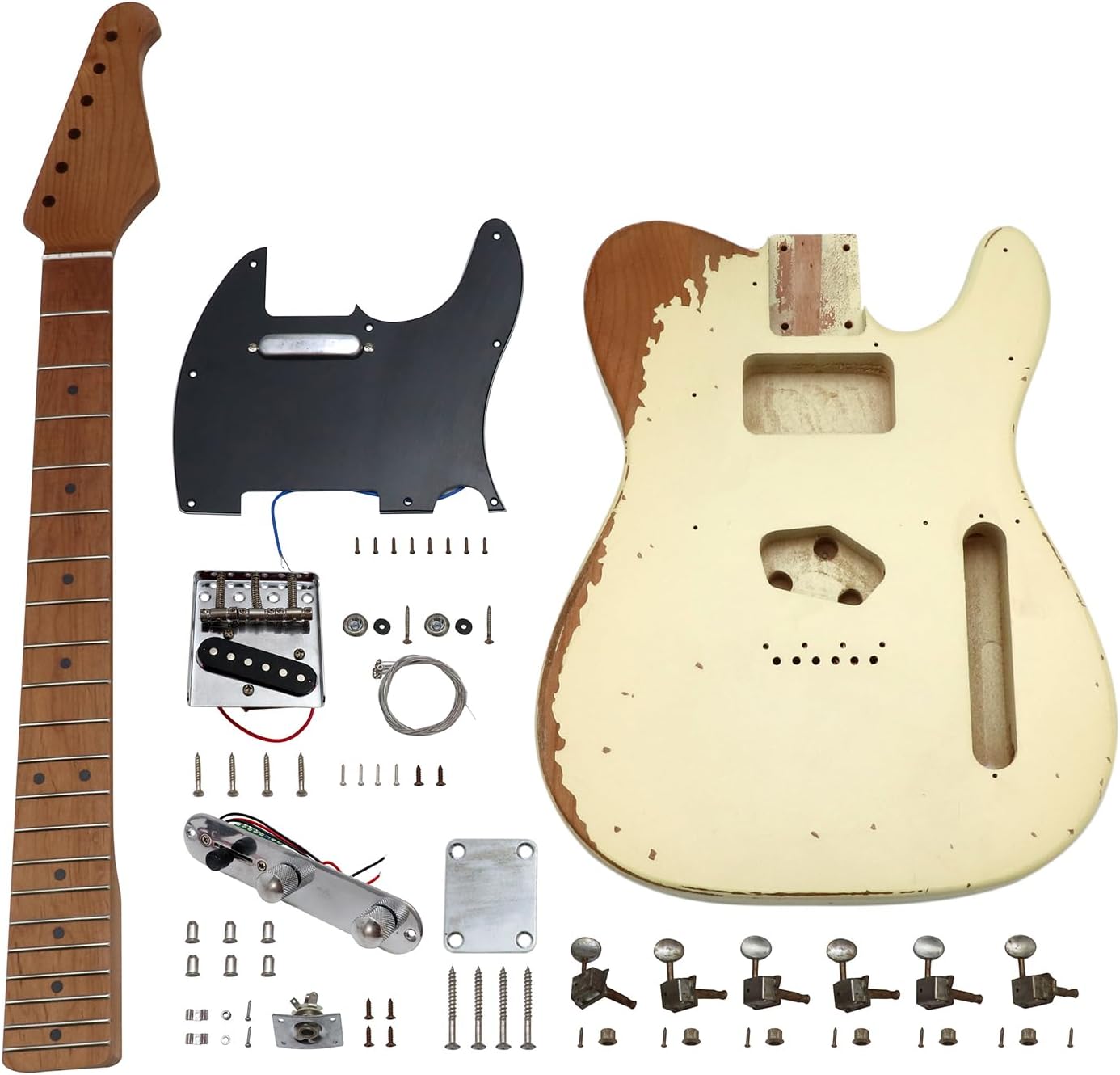 Sunsmile DIY Electric Guitar Kit TL Style Heavy Relic Aged Vintage with Alder Body Roast Maple Neck and Fingerboard S-S 6 String Build Your Own Guitar Relic Cream.