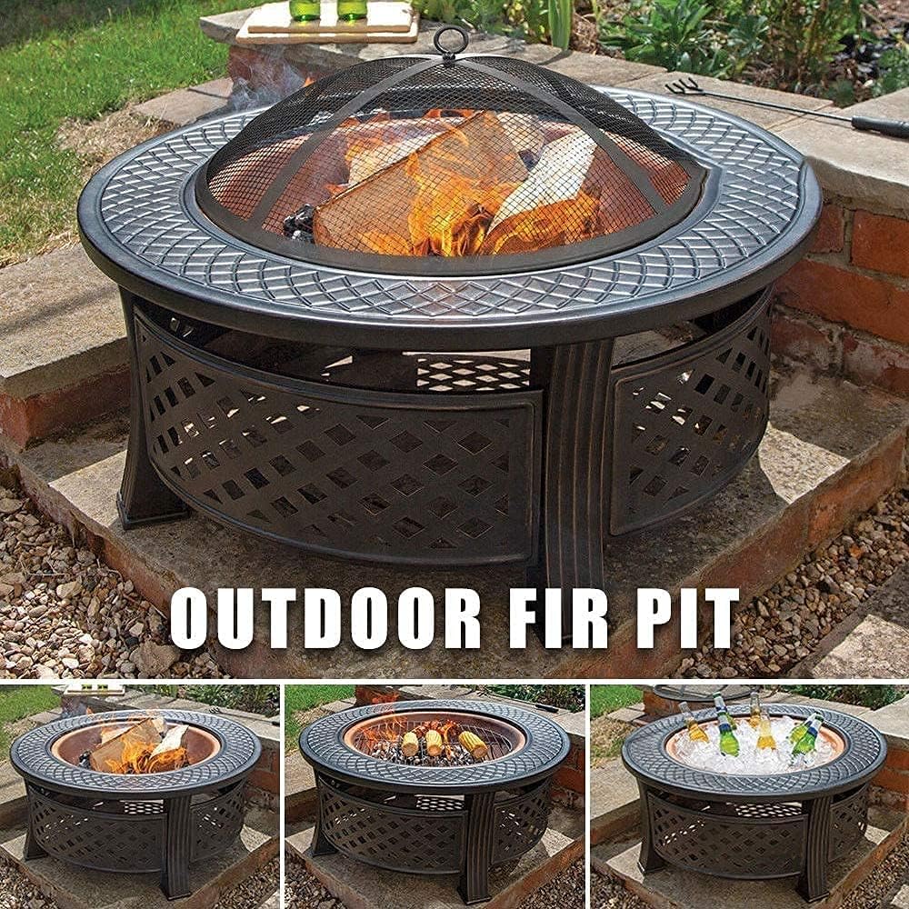 Firepit Table for Outside, Multifunctional Fire Pit Table, Firepit Table for Outside Wood Burning with Spark Screen Grate Grills Poker for Picnic Bonfire Patio Backyard Garden BBQ
