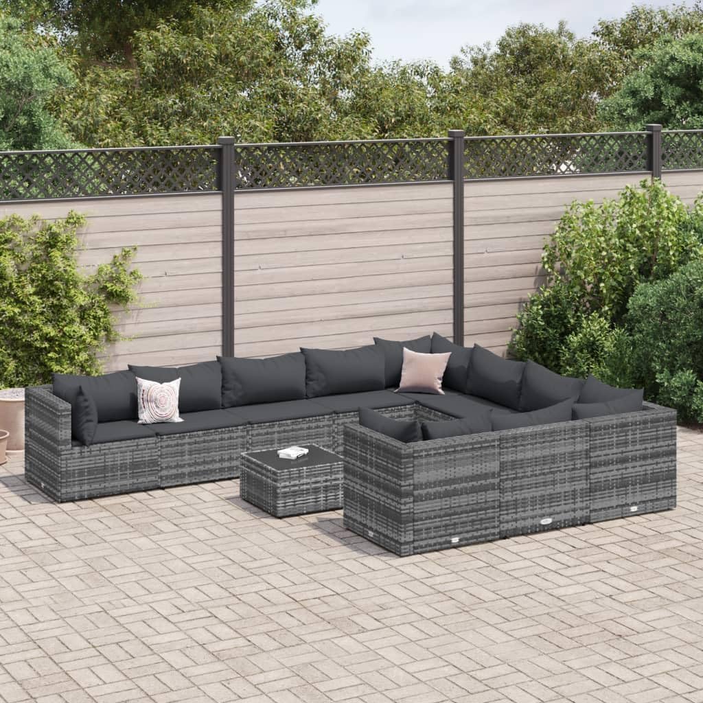 11 Piece Patio Sofa Set with Cushions Gray Poly Rattan,Comfortable Modular Patio Sofa Set with Glass Top Coffee Table Furniture Sets for Patio, Lawn & Garden
