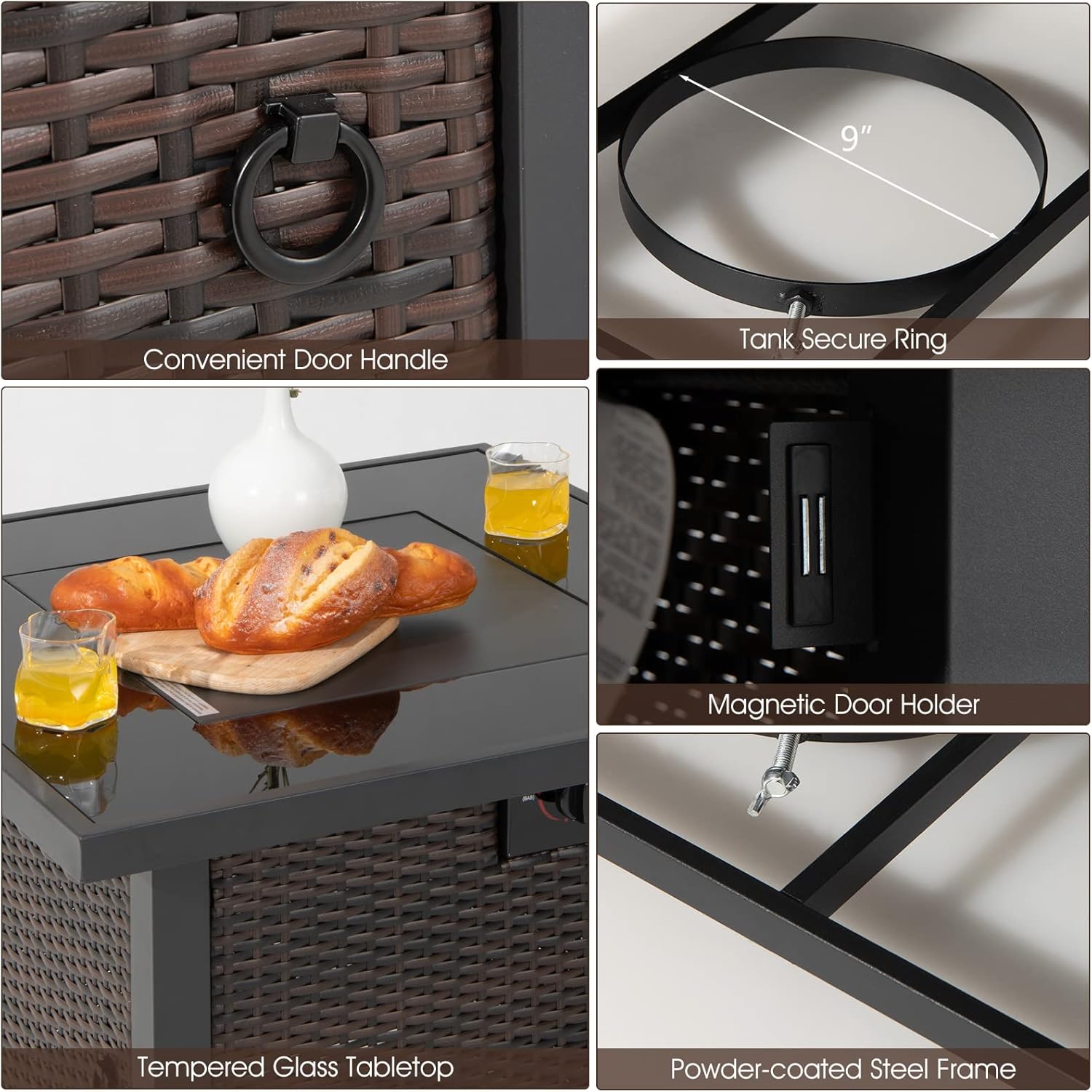 Tangkula 50,000 BTU Propane Fire Pit Table, Patiojoy 32 Inch Wicker Gas Fire Pit with Removable Lid and Lava Stone, Outdoor Square Rattan Fire Table with PVC Cover, Mix Brown