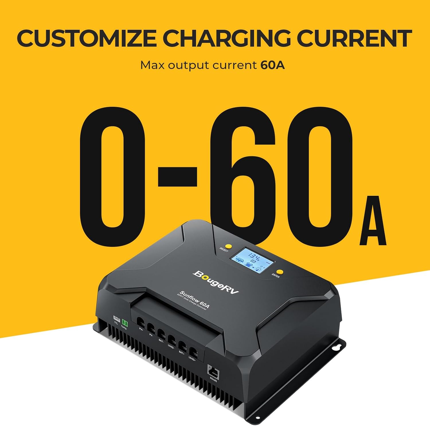 BougeRV Sunflow MPPT Solar Charge Controller 60A, w/Low-Temp Cut-Off, APP Control, Backlit LCD, 60 Amp Solar Panel Regulator 12V/24V for LiFePO4, SLD, Gel, FLD, AGM Battery, RV, Marine, Upgraded