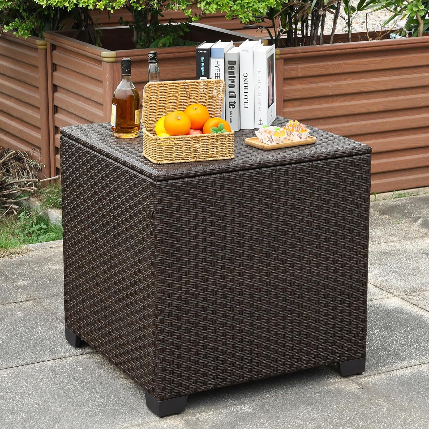 Rattaner 80 Gallon Wicker Outdoor Storage Box Square Patio Storage Bin with Waterproof Lining Bag Deck Storage Box and Cushion Storage Bin Outdoor, Brown Wicker