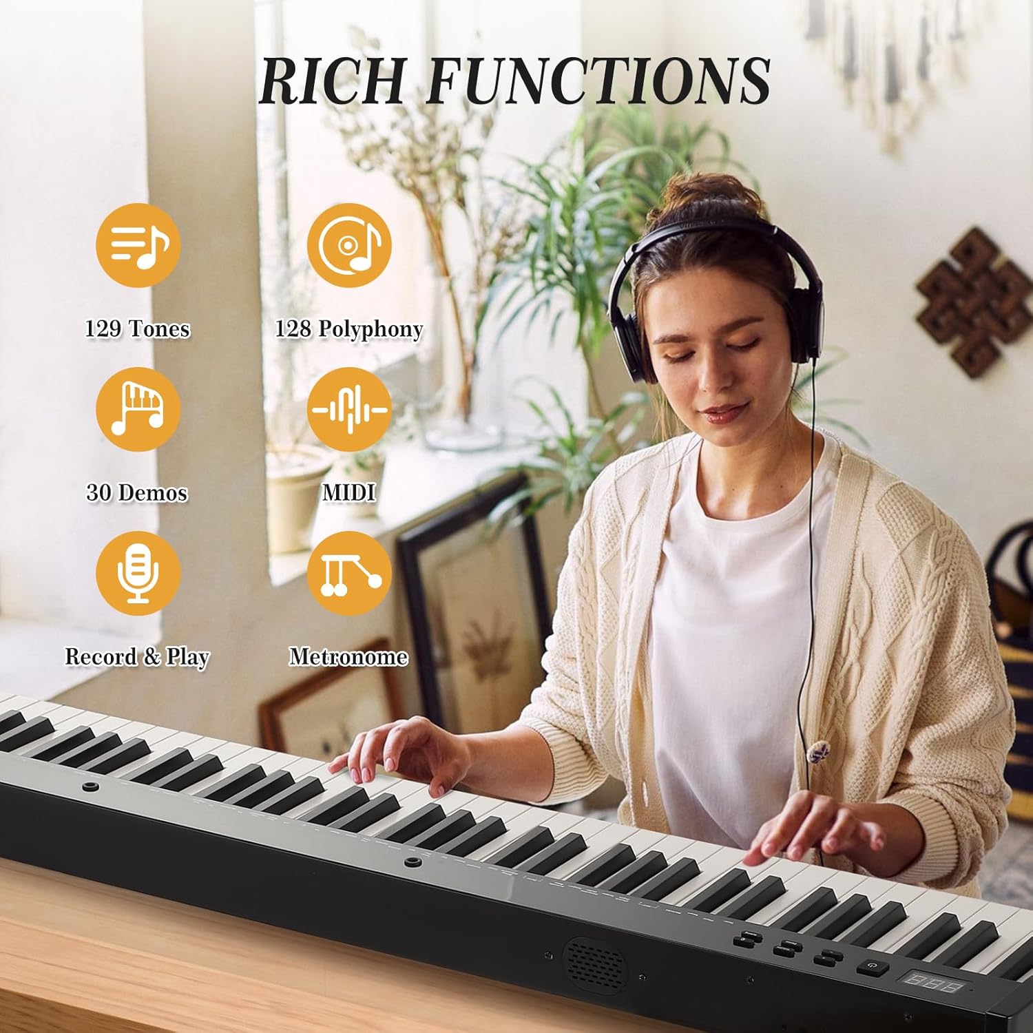 88 Key Weighted Folding Keyboard,Full Size Electric Piano Keyboard 88 Keys with for Beginners,Portable Case,Sustain Pedal,Black and White,Digital Piano Carry Bag,Note Sticker,Holder,Headphone