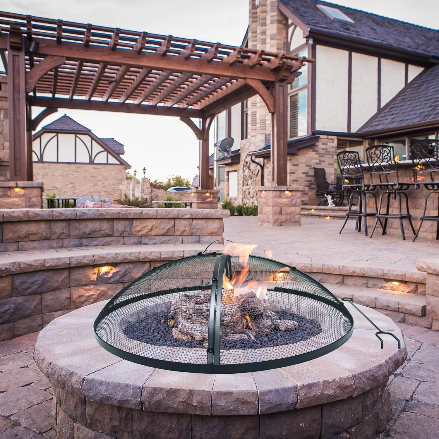 Heavy-Duty Metal 36 INCH Round Fire Pit Spark Screen Cover Mesh Screen Guard with Ring Handle for Outdoor Patio Backyard, Black