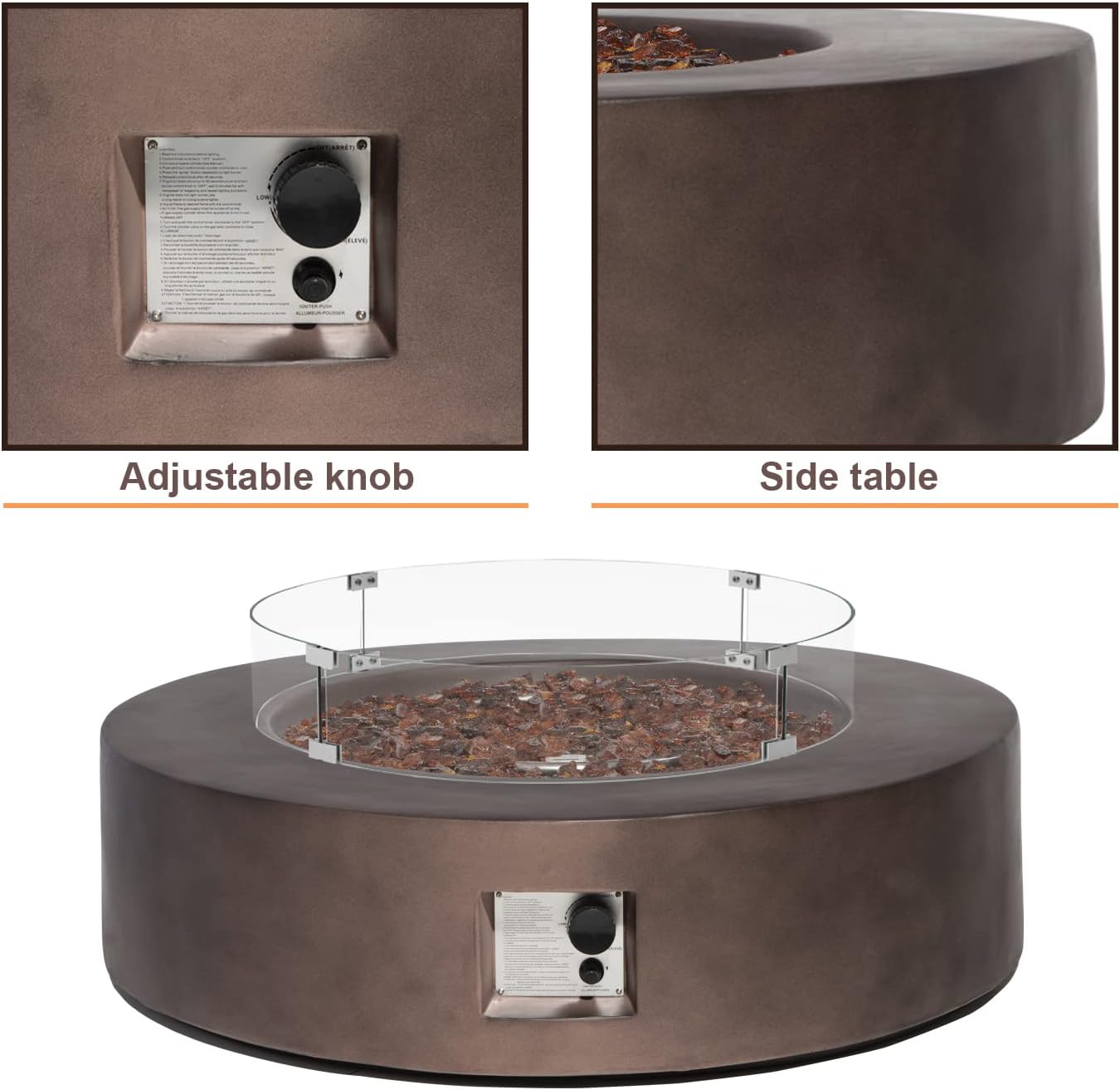 SUNBURY Outdoor Propane Fire Pit 42 Inch Round Fire Pit Table, 50,000 BTU Dark Brown Propane Gas Fire Pit for Outside w Brown Fire Glass & Glass Wind Guard