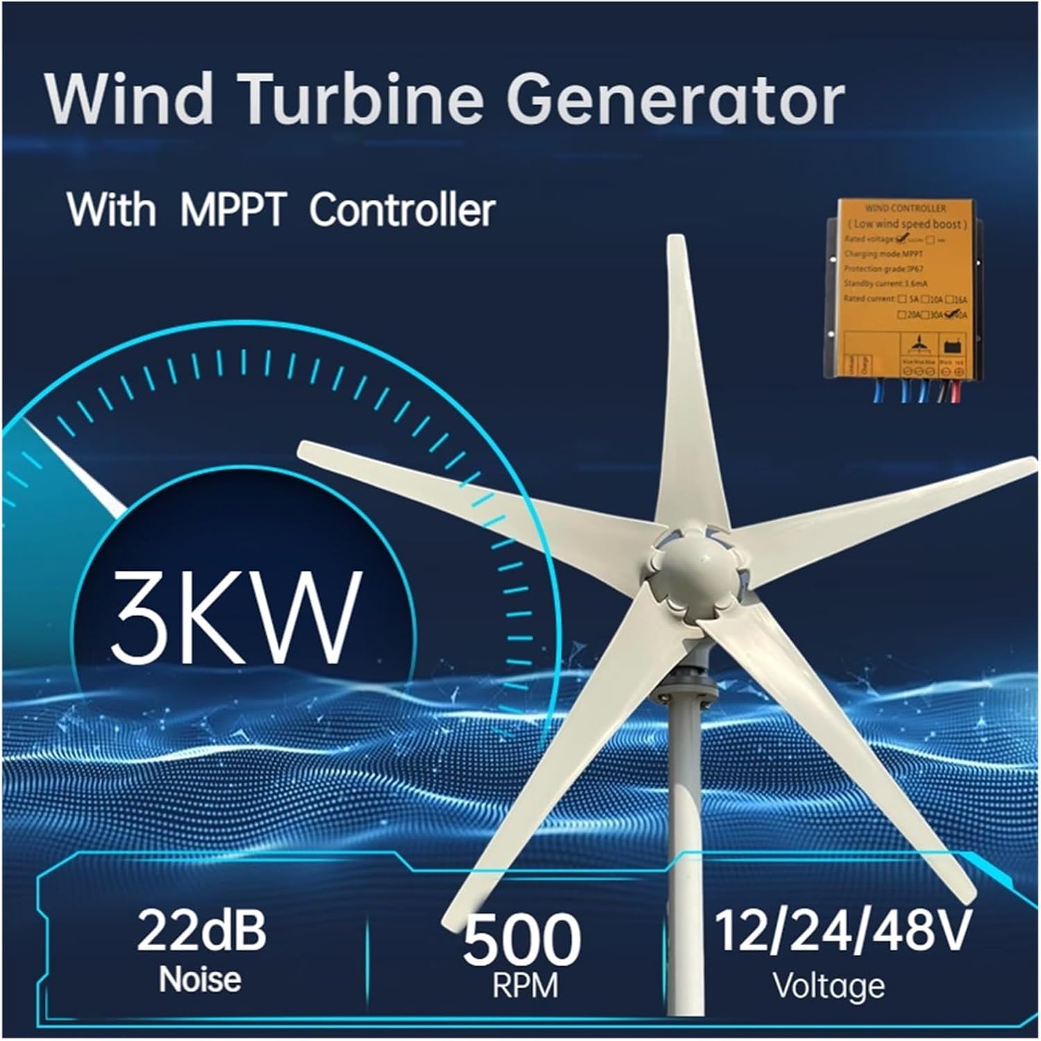 Horizontal Axis 3000W 3/5 Blades Windmill 12V 24V 48V Wind Power Small Wind Turbine Generator MPPT Controller for Home Use Low Starting Speed for Home(12V,3000W 3blades)