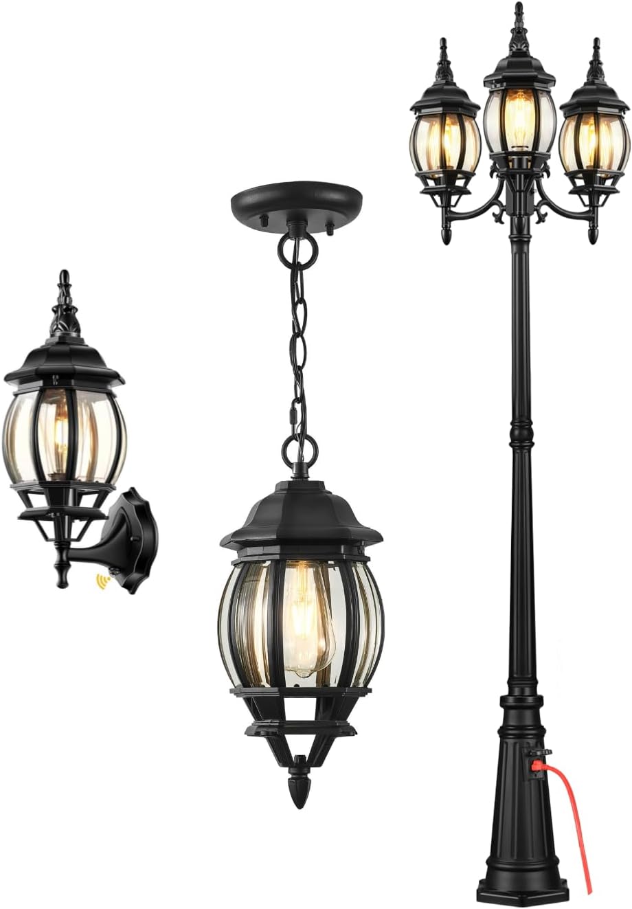 VIANIS Outdoor Wall Lights, Dusk to Dawn Black Exterior Lighting Fixtures, Outdoor Pendant Light, Waterproof Adjustable Hanging Lantern, 3-Head Outdoor Post Light with Outlet, Modern Pole Street Light