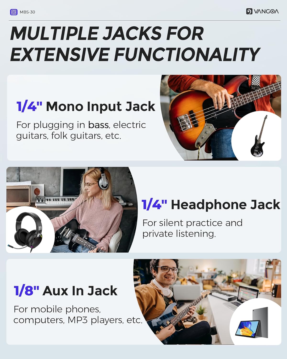 Vangoa Bass Guitar Amp, 30W Portable Bass Amplifier, Equipped with an 8-inch Speaker, Built-in Overdrive Circuit, and midrange dip Contour Switch, Suitable for Indoor and Outdoor bass Practice.