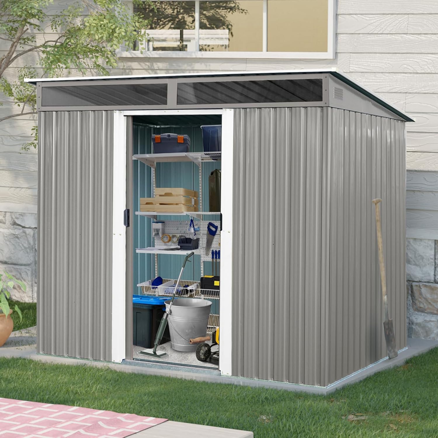 8FT x 6FT Outdoor Metal Storage with Lockable Sliding Doors and Transparent Plate,Waterproof Cabinet w/Ventilation & Foundation,Garden Organizer Tool House for Backyard Patio,Gray