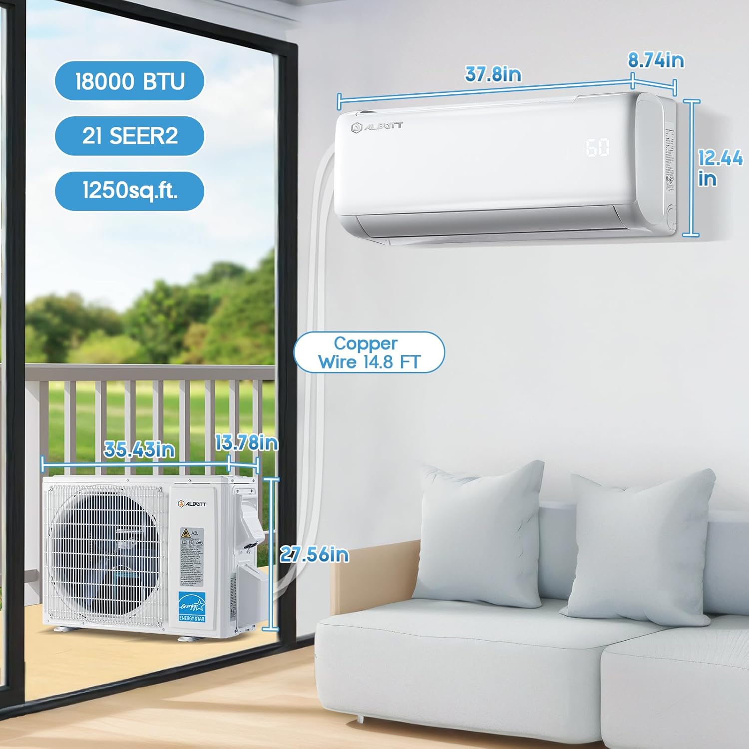 Albott Mini Split Air Conditioner Heat Pump, 18000 BTU 21 SEER2 208V-230V, Energy Star, Remote Control for Rooms up to 1250 Sq.Ft, Wall Ac Unit with 14.8ft Installation Kit, White