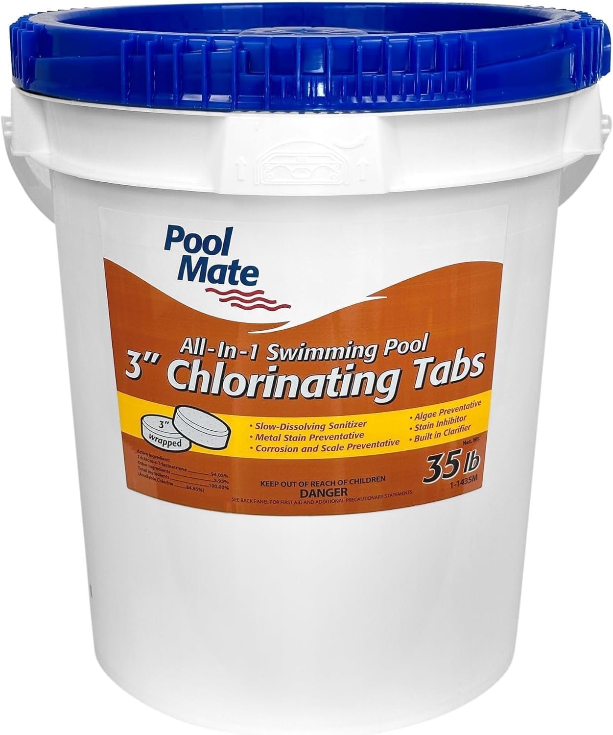 Pool Mate 35-Pounds All-In-1 Swimming Pool 3 Inch Chlorinating Tabs, Chlorine Tablets 3 Inch, Sanitizer, Clarifier, Stain Inhibitor, Algae Control, Descaler, Sunlight Protector all in one, Made in USA